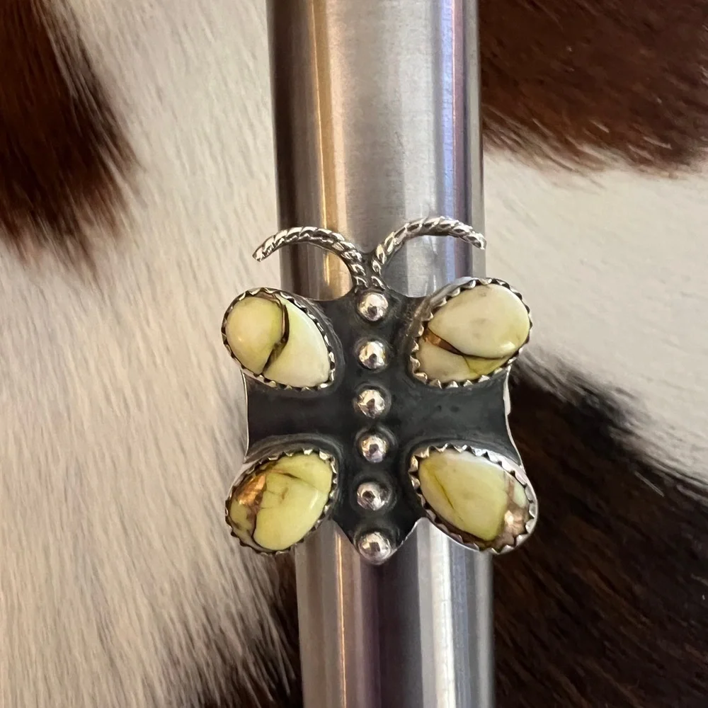 ❤️ Honey Dahlia Kingman Turquoise Butterfly Adjustable Ring 925 Southwestern 9G